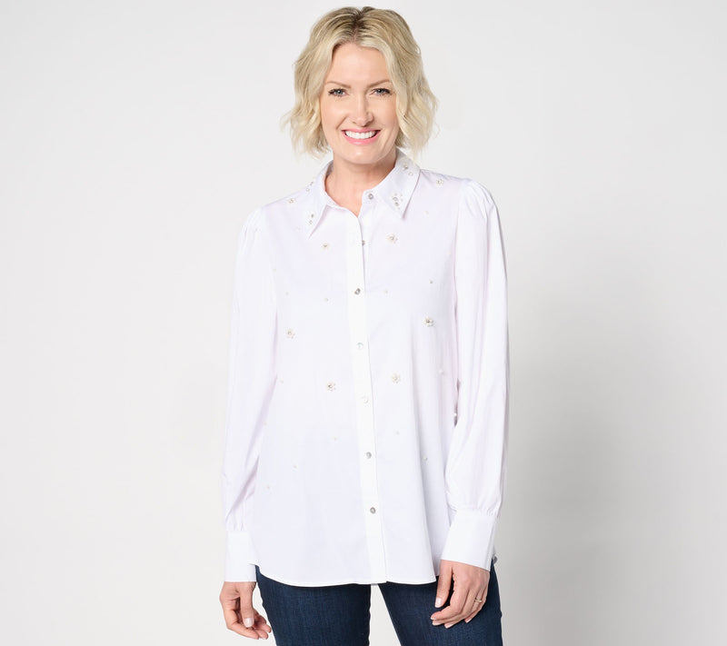 Dennis Basso Cotton Button Front Top with Embellishments — View 5