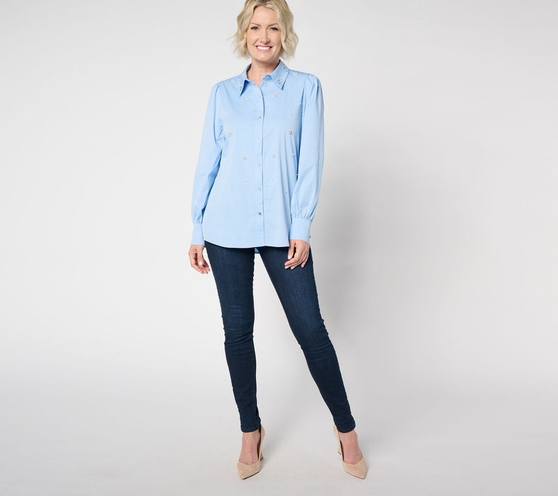 Dennis Basso Cotton Button Front Top with Embellishments — View 9