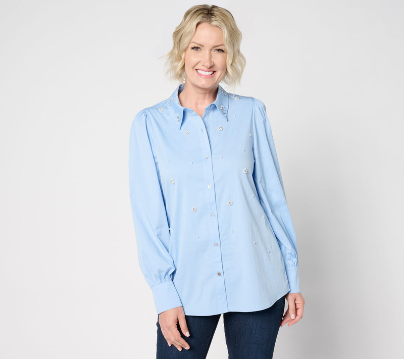 Dennis Basso Cotton Button Front Top with Embellishments — View 3