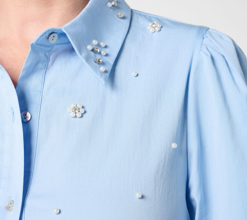 Dennis Basso Cotton Button Front Top with Embellishments — View 10