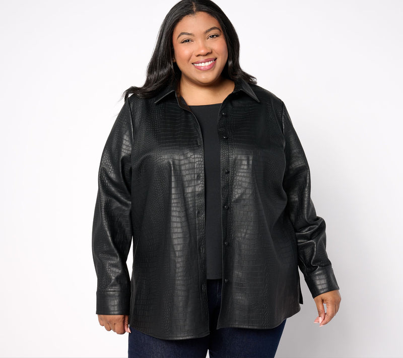 Dennis Basso Textured Faux Leather Button Front Shirt — View 5