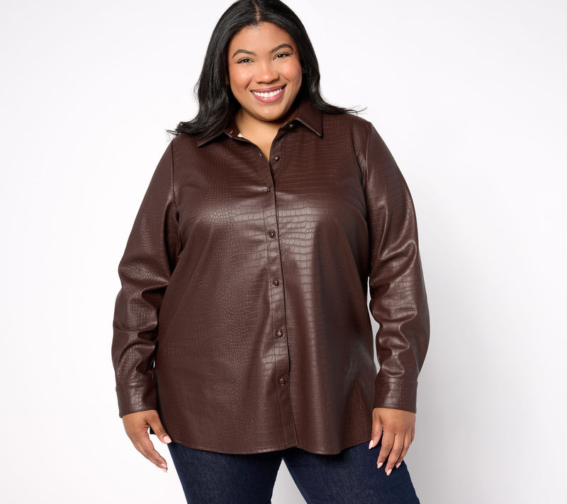 Dennis Basso Textured Faux Leather Button Front Shirt — View 7