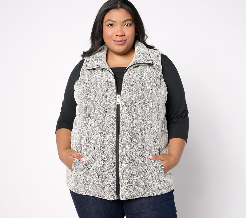Dennis Basso Metallic Lace Puffer Vest — View 9