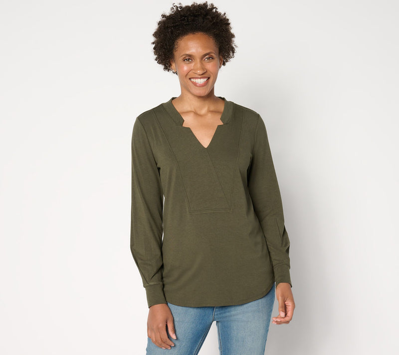 BEAUTIFUL by Lawrence Zarian Refined Knit Notched V-Neck Long Sleeve Top — Main view