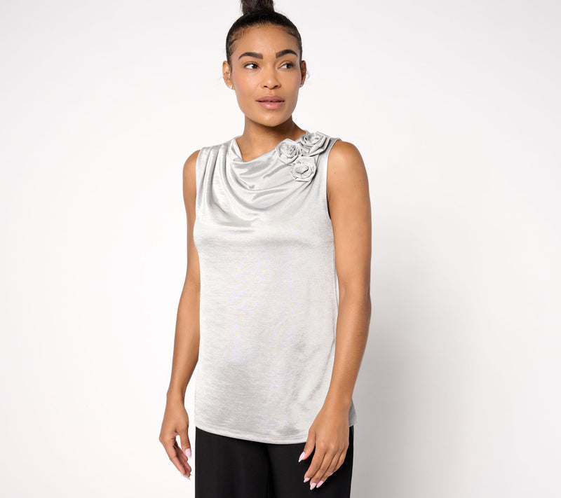 BEAUTIFUL by Lawrence Zarian Knit Satin Cowl Neck Top with Rosettes — View 4