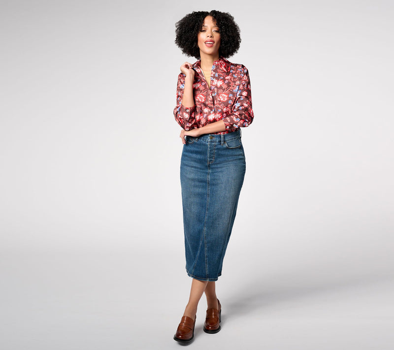 by Stacy London Printed Satin Button Front Shirt — View 12