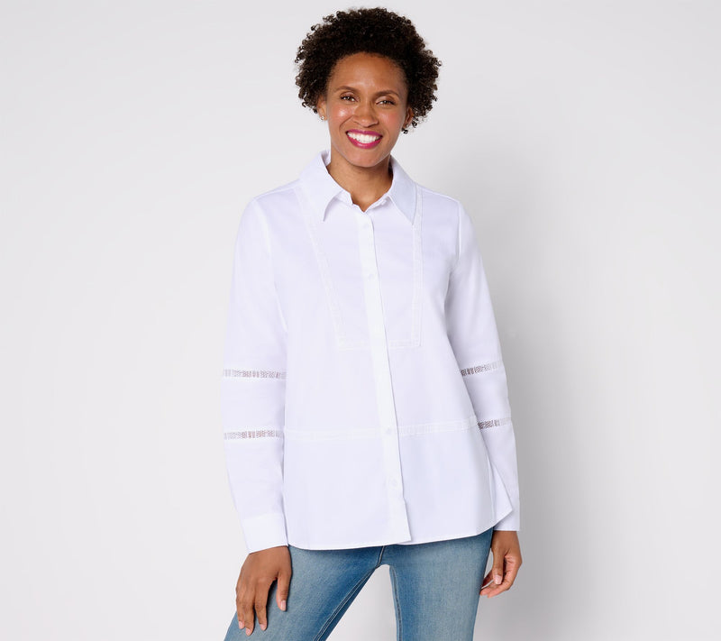 Women with Control Woven Button-Front Top with Lace Trim — View 5