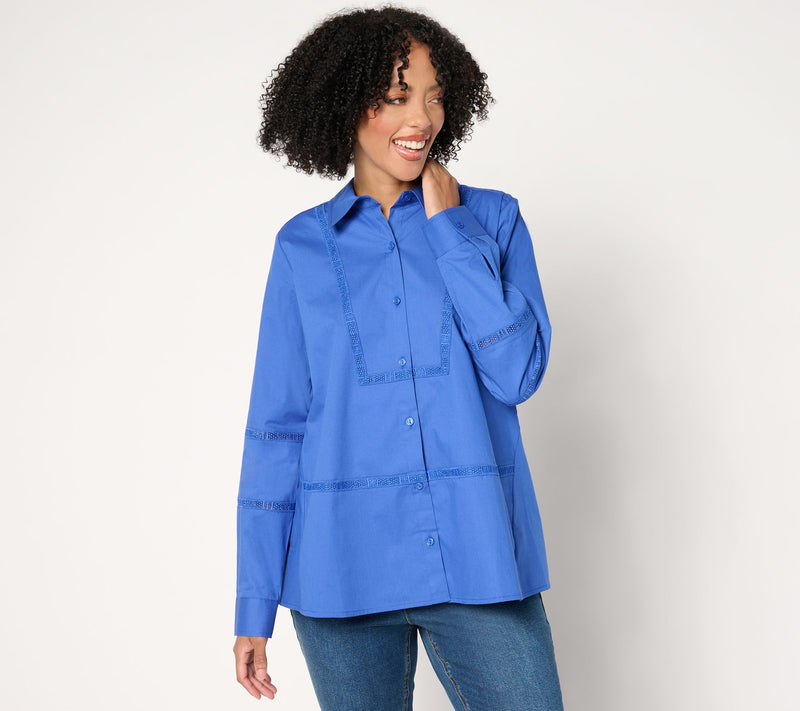 Women with Control Woven Button-Front Top with Lace Trim — View 3