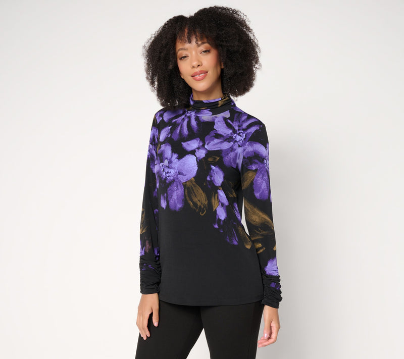 Susan Graver Regular Printed Liquid Knit Mock Neck Long Sleeve Top — Main view