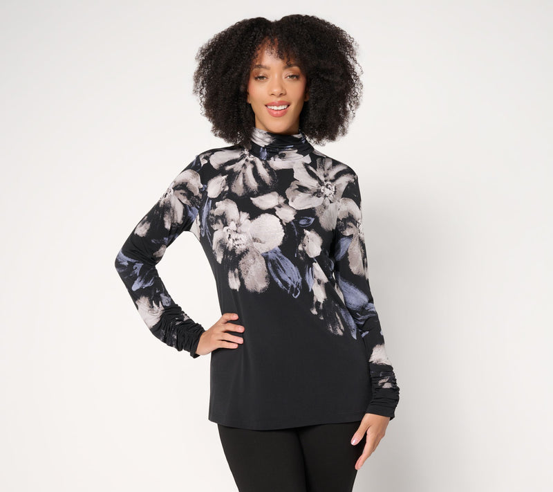 Susan Graver Petite Printed Liquid Knit Mock Neck Long Sleeve Top — View 17