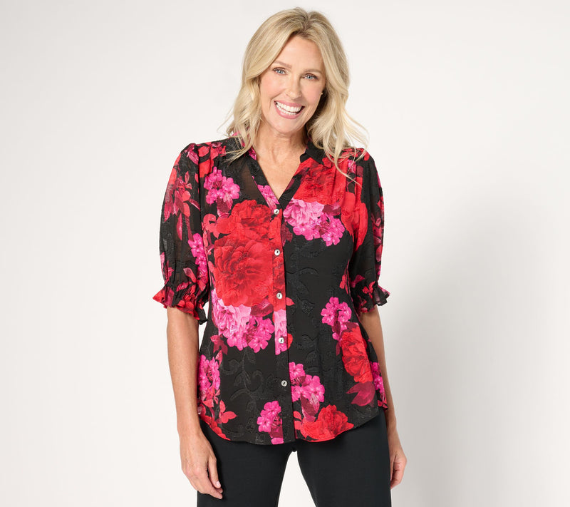 Susan Graver Printed Sheer Clip Jacquard Button Front Puff-Slv Blouse — View 12