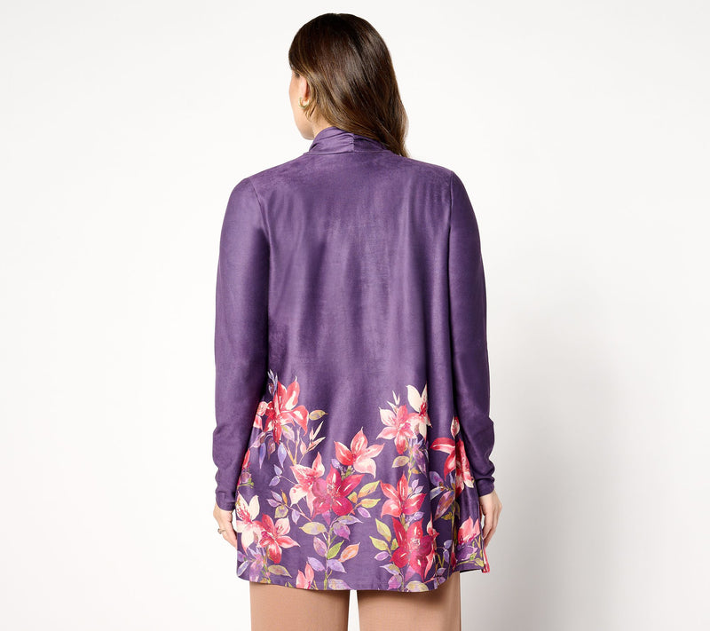 Susan Graver Petite Printed Faux Suede Open Front Duster — View 2