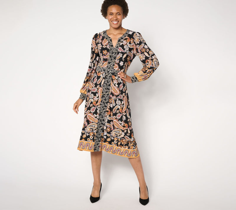 Susan Graver Regular Printed Liquid Knit Split Neck Midi Dress — View 9