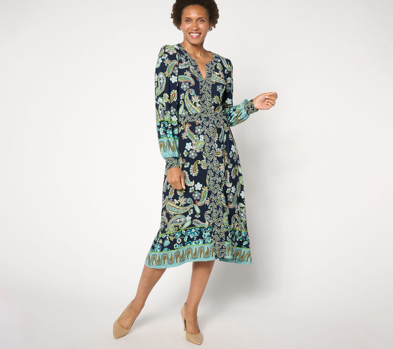 Susan Graver Regular Printed Liquid Knit Split Neck Midi Dress — View 7