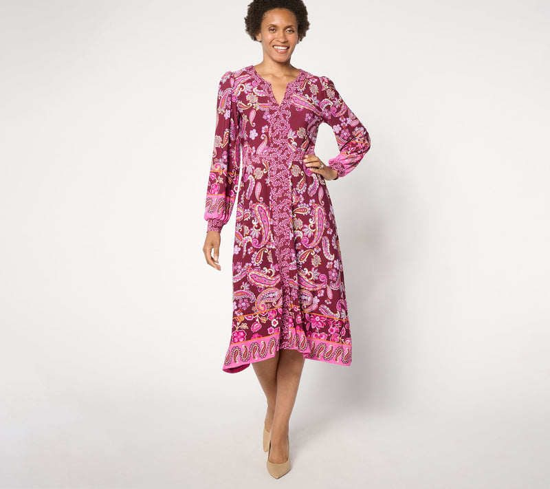 Susan Graver Petite Printed Liquid Knit Split Neck Midi Dress — View 10