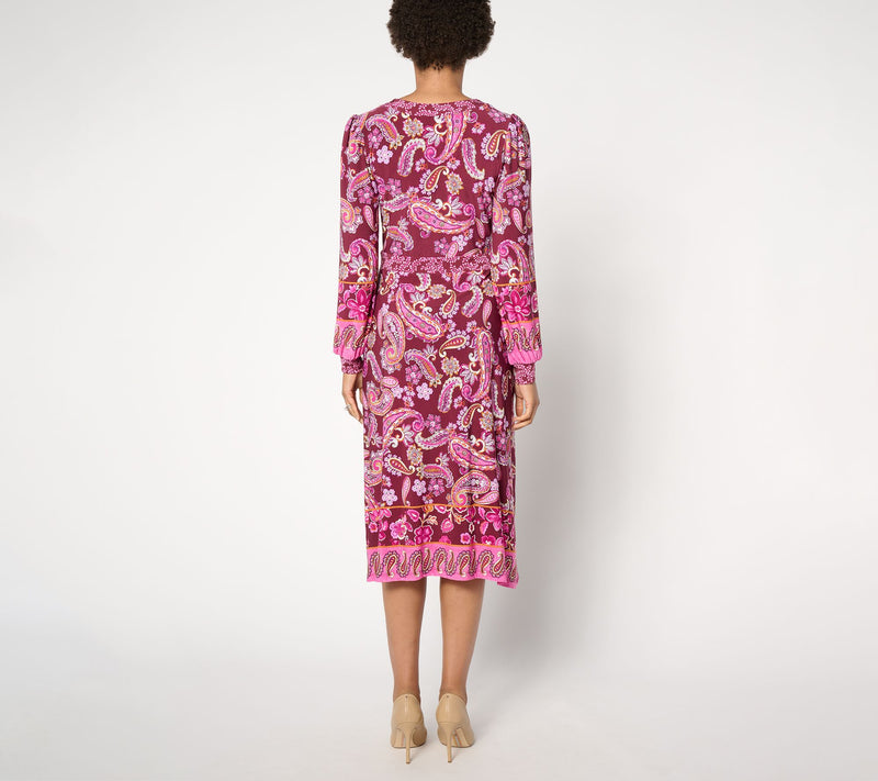 Susan Graver Petite Printed Liquid Knit Split Neck Midi Dress — View 2