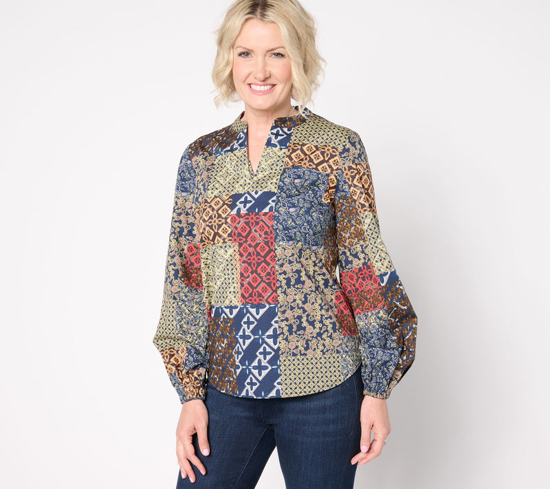 Belle Boho by Kim Gravel Patchwork Luxe Poplin Popover Blouse — View 7