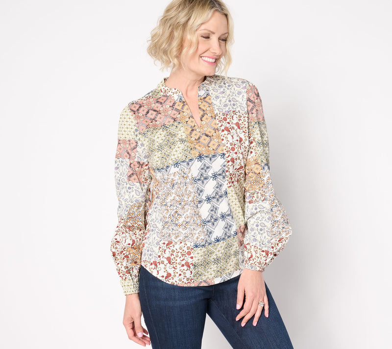 Belle Boho by Kim Gravel Patchwork Luxe Poplin Popover Blouse — View 5