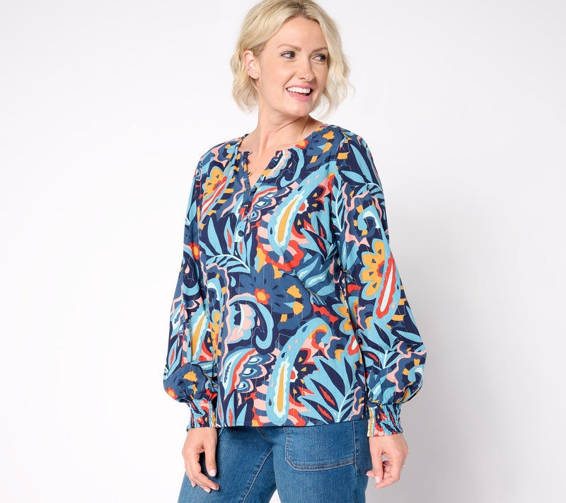 Belle Boho by Kim Gravel Autumn Tapestry Smocked Sleeve Blouse — View 7