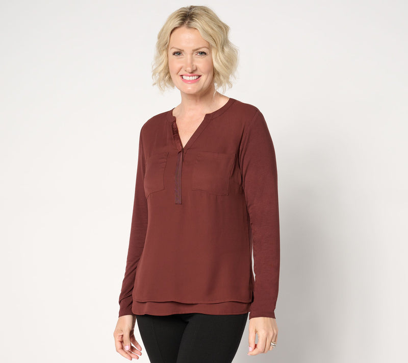 Joan Rivers Y-Neck Mixed Media Long Sleeve Top — View 5