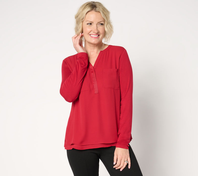 Joan Rivers Y-Neck Mixed Media Long Sleeve Top — View 3