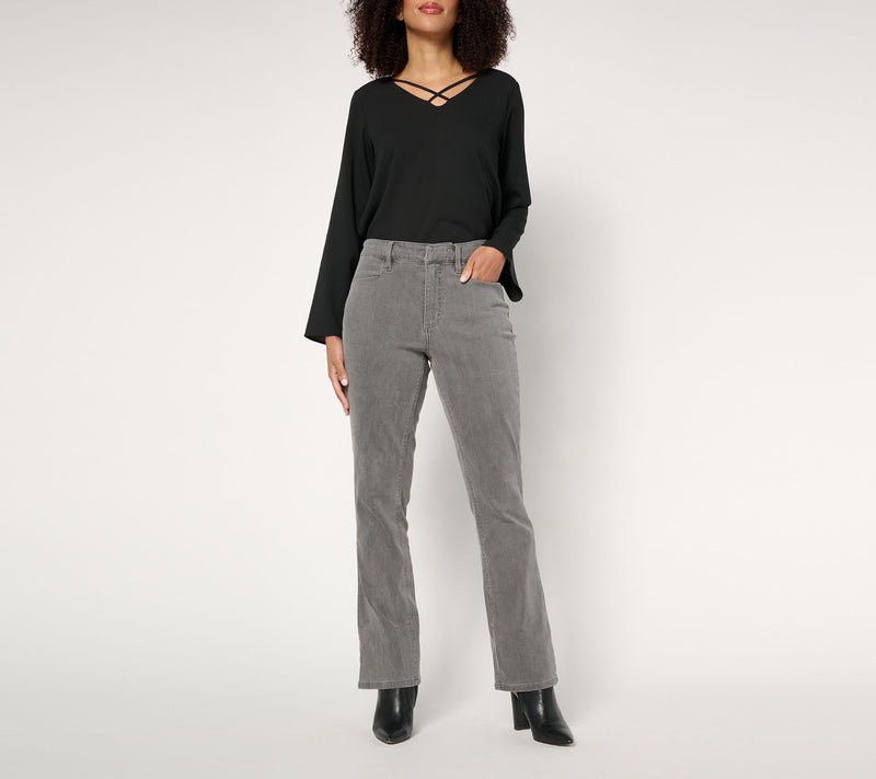 Susan Graver Stretch Denim Regular Classic Boot Cut Jean - Black/Grey — View 3