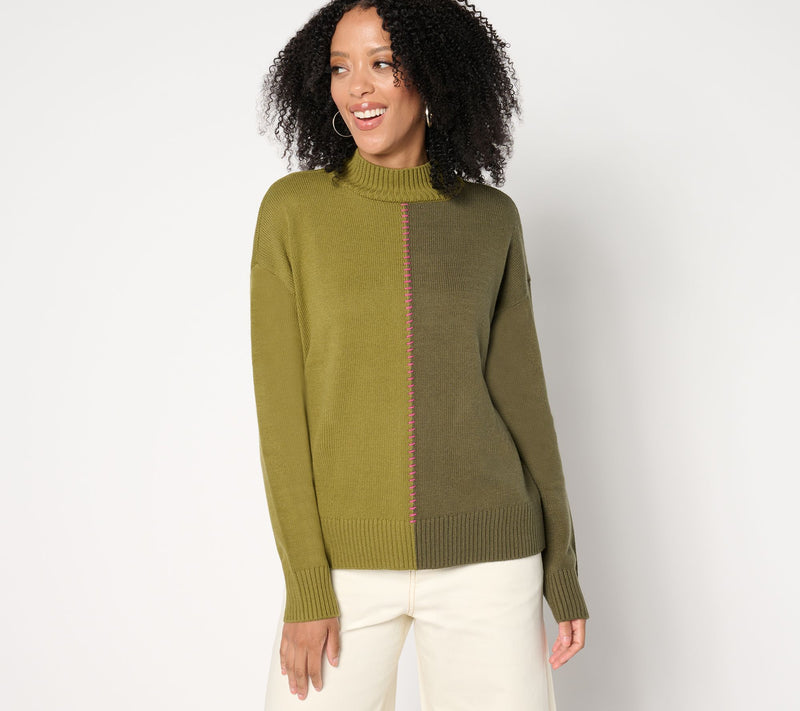 Peace Love World Solid or Split Color Mock-Neck Sweater — View 3