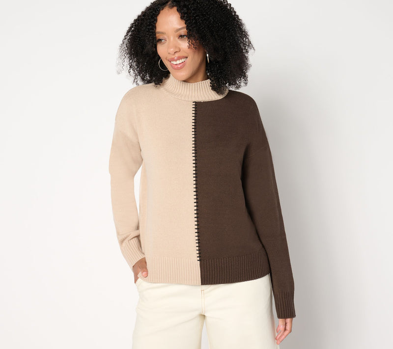 Peace Love World Solid or Split Color Mock-Neck Sweater — View 9