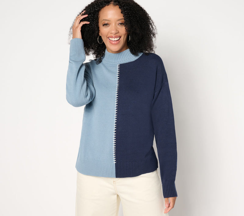Peace Love World Solid or Split Color Mock-Neck Sweater — View 11