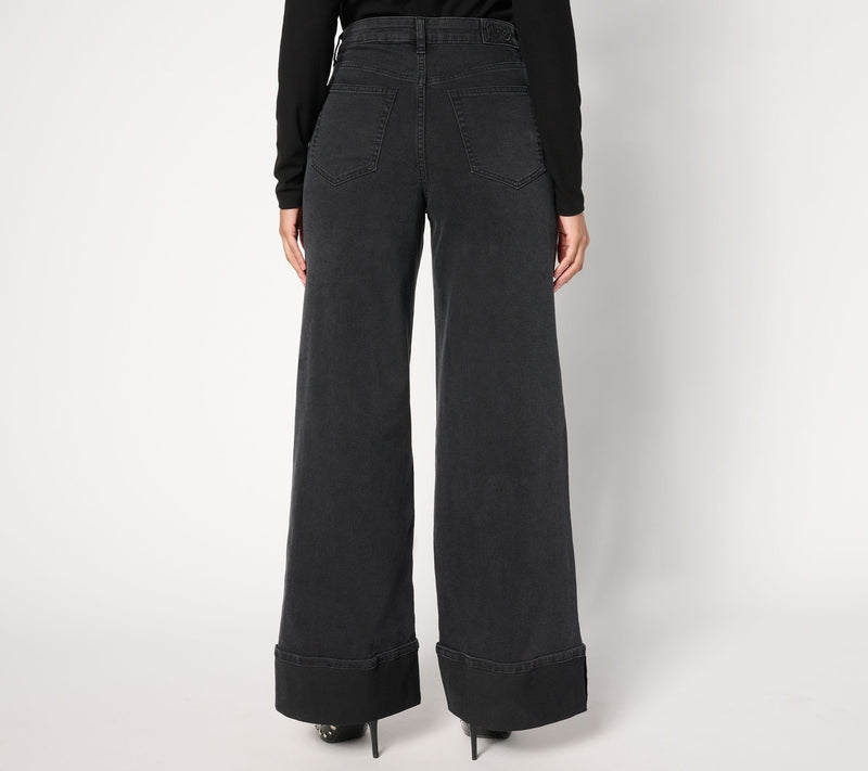 Me by Jennie Garth Regular Washed Black Cuffed Wide Leg Jeans — View 5