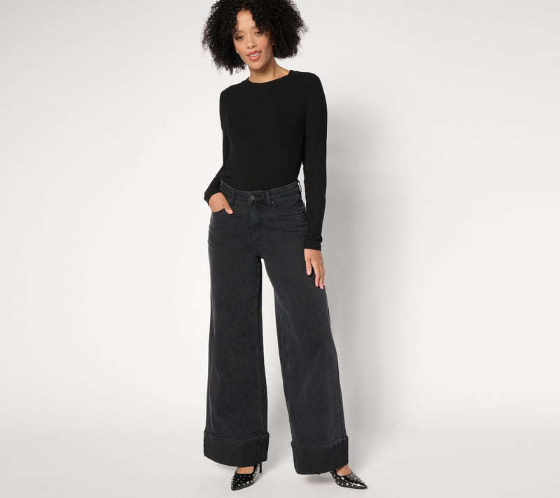 Me by Jennie Garth Regular Washed Black Cuffed Wide Leg Jeans — View 6