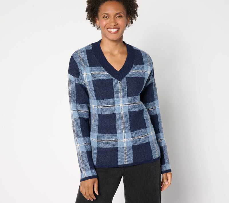 AnyBody Plaid Intarsia V-Neck Sweater — View 8
