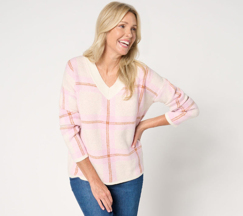AnyBody Plaid Intarsia V-Neck Sweater — View 9