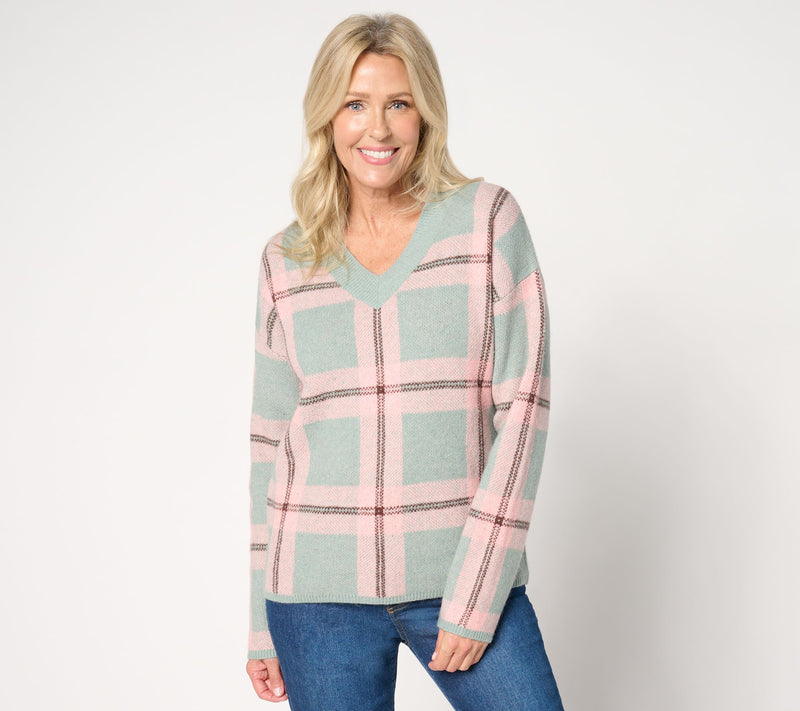 AnyBody Plaid Intarsia V-Neck Sweater — View 10