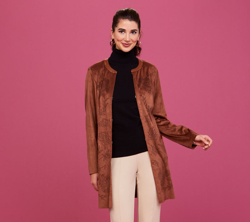 Isaac Mizrahi Live!  Petite Perforated Faux Suede Open Front Topper — View 12