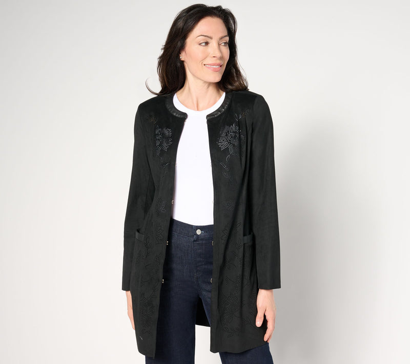 Isaac Mizrahi Live!  Petite Perforated Faux Suede Open Front Topper — View 5