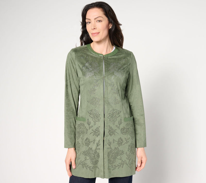 Isaac Mizrahi Live!  Petite Perforated Faux Suede Open Front Topper — View 10