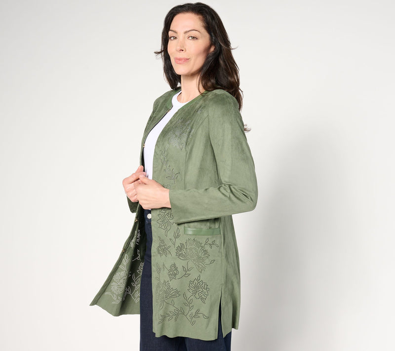Isaac Mizrahi Live!  Petite Perforated Faux Suede Open Front Topper — Main view