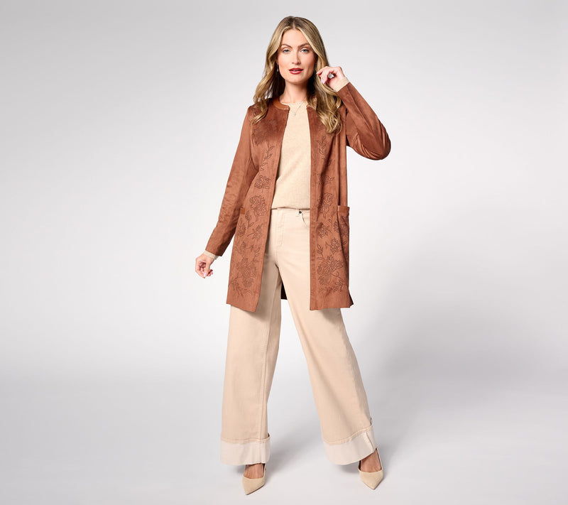 Isaac Mizrahi Live!  Petite Perforated Faux Suede Open Front Topper — View 14