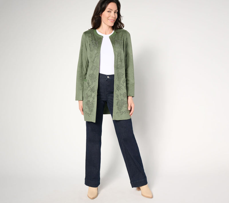 Isaac Mizrahi Live!  Petite Perforated Faux Suede Open Front Topper — View 9