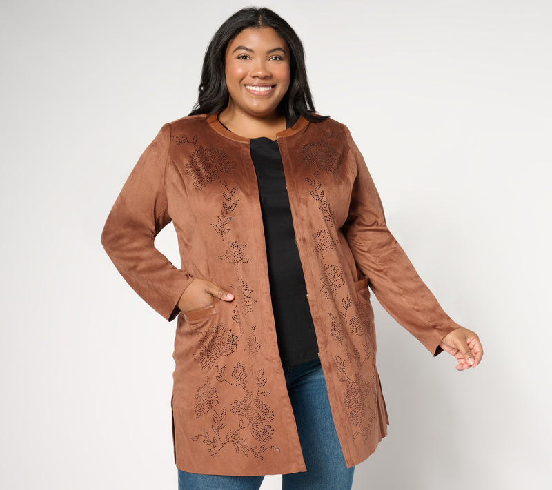 Isaac Mizrahi Live!  Petite Perforated Faux Suede Open Front Topper — View 7