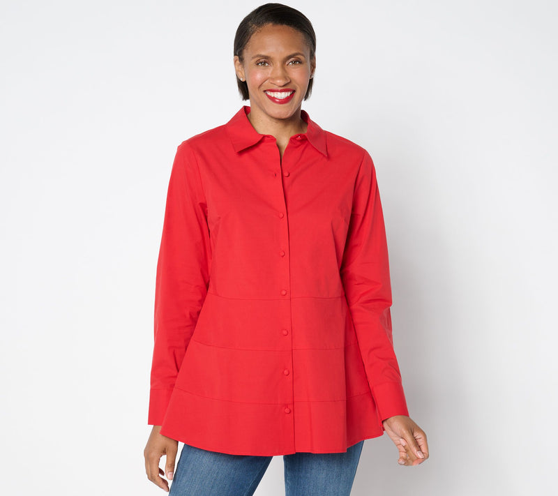 Isaac Mizrahi Live! Petite Stretch Poplin Shirt with Tiered Peplum — Main view