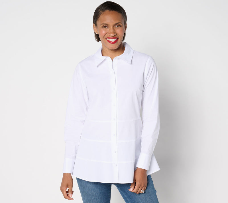 Isaac Mizrahi Live! Petite Stretch Poplin Shirt with Tiered Peplum — View 15