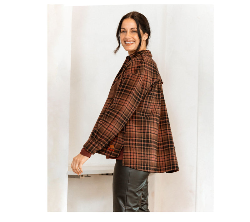 Peace Love World Plaid Button-Front Long Sleeve Shacket — View 8