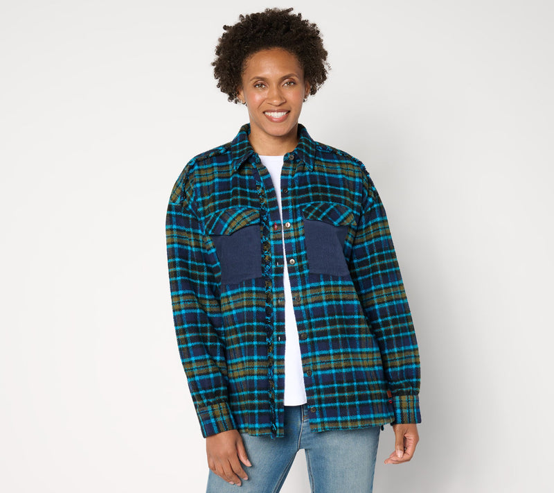 Peace Love World Plaid Button-Front Long Sleeve Shacket — View 12