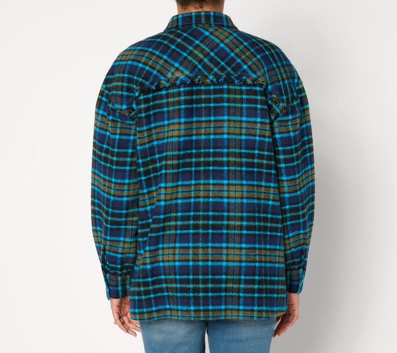Peace Love World Plaid Button-Front Long Sleeve Shacket — View 2