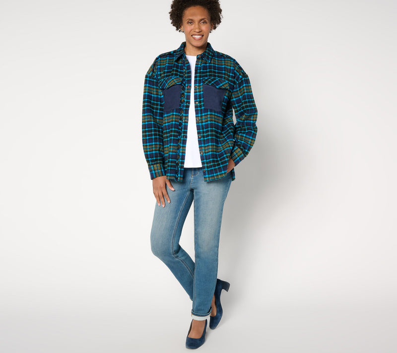 Peace Love World Plaid Button-Front Long Sleeve Shacket — View 3