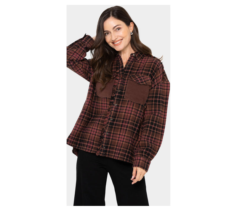 Peace Love World Plaid Button-Front Long Sleeve Shacket — View 5