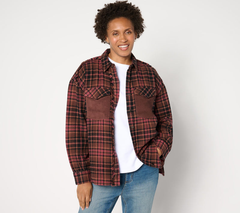 Peace Love World Plaid Button-Front Long Sleeve Shacket — View 14
