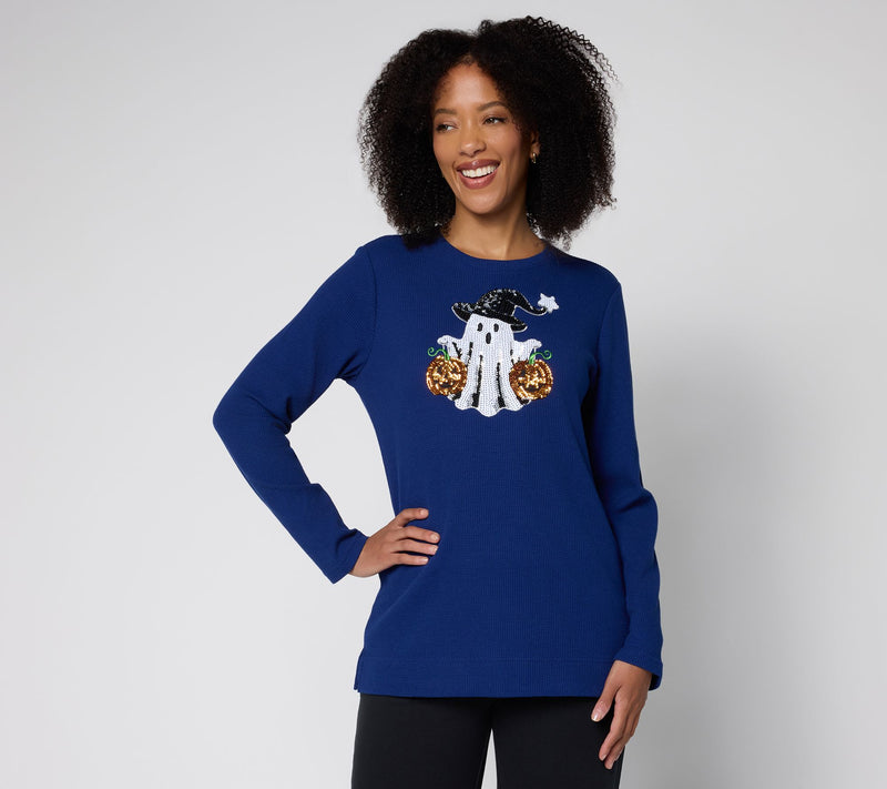 Quacker Factory If the Hat Fits Sequin Waffle Knit Top — Main view